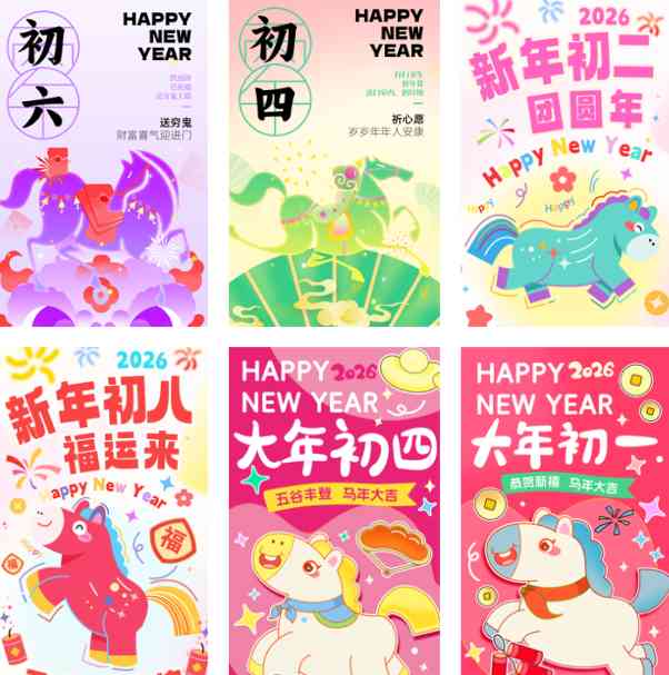 28款2026马年新春年俗系列卡通除夕初一至初八PS模板海报设计素材