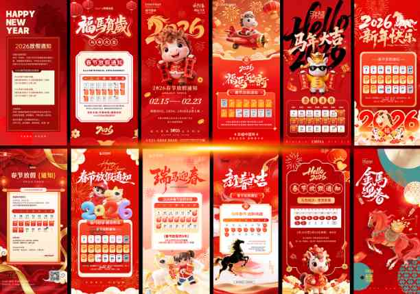 30款2026马年春节放假通知新年假期公告PS海报模板