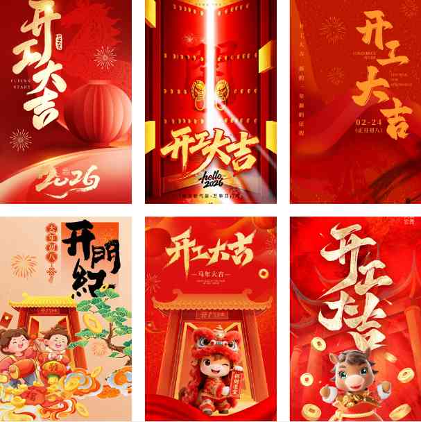 49款2026马年新春开门红大年初八开工大吉宣传PS模板海报设计素材