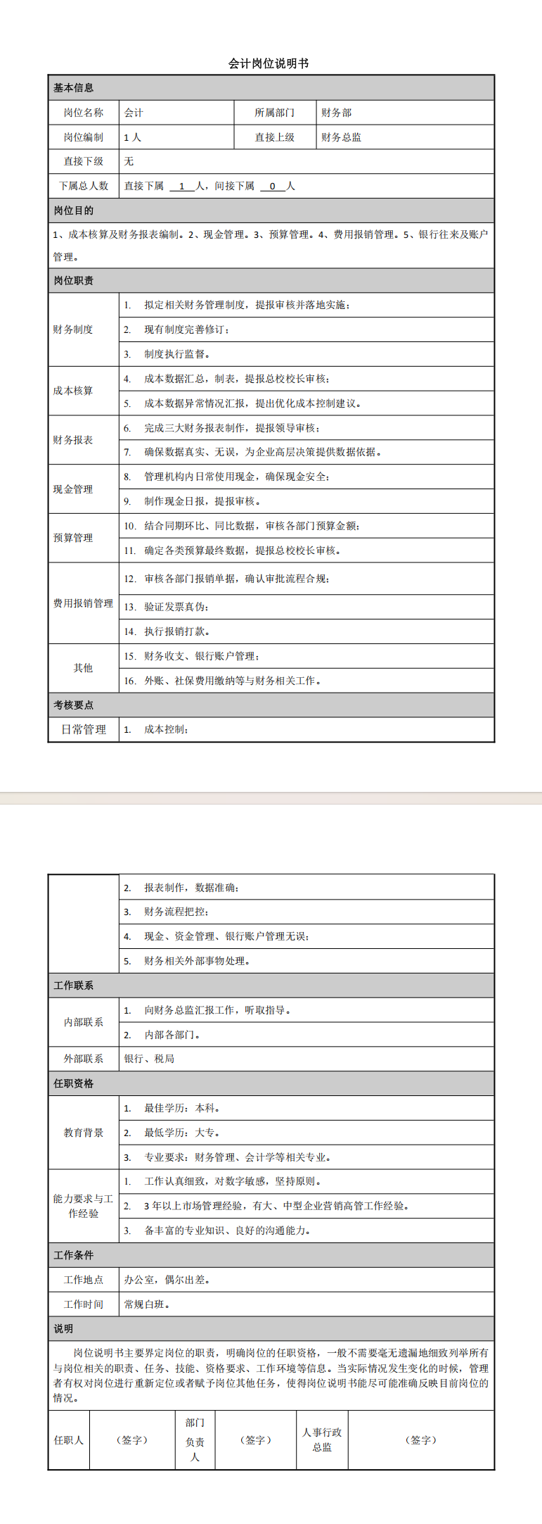 财务会计岗位说明书